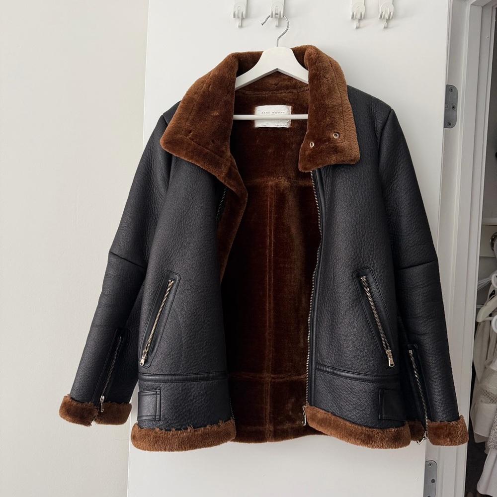 Zara Black and Brown Faux Fur Trimmed Teddy Jacket